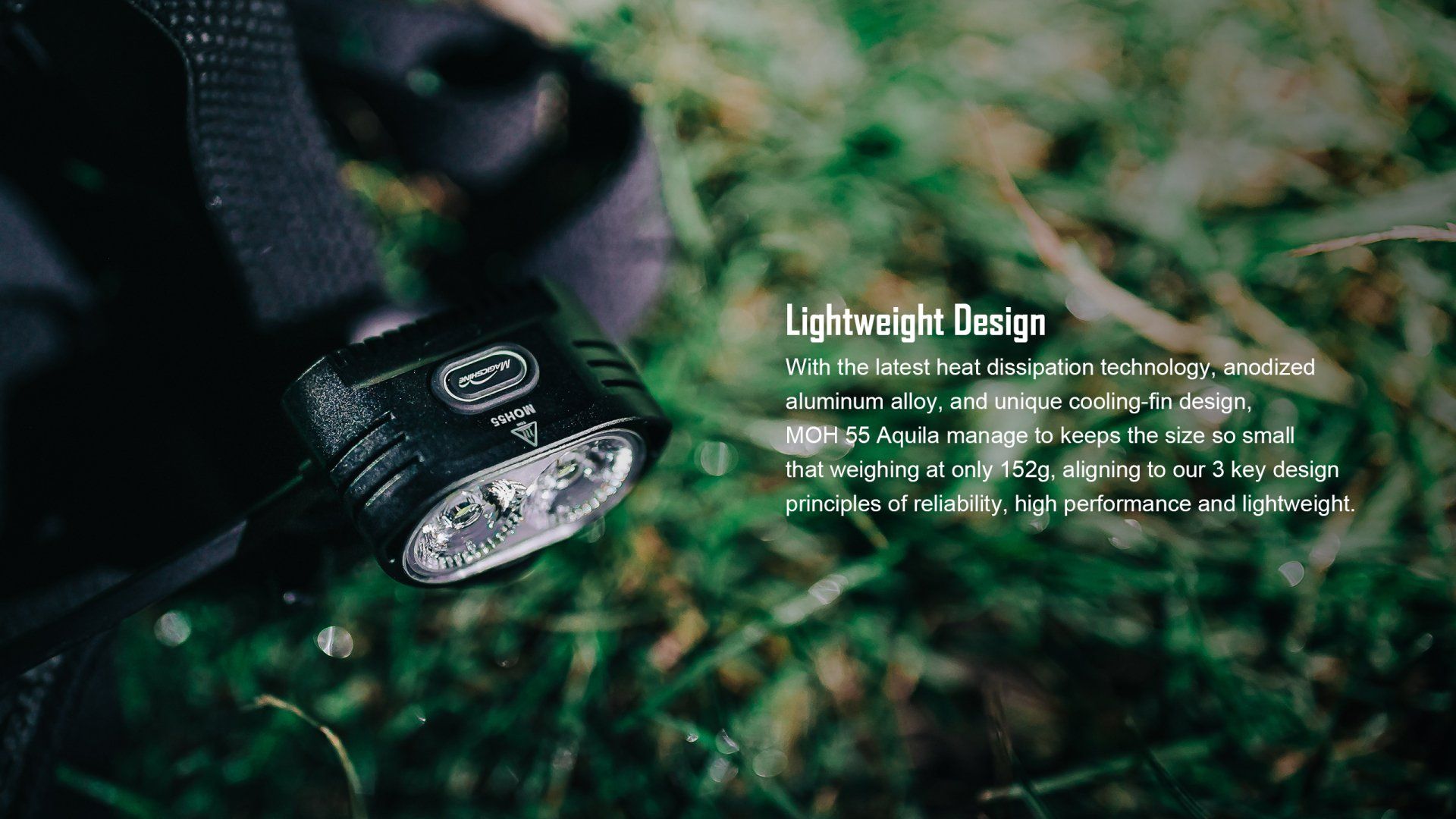 Nachtaufnahme der kraftvollen Magicshine MOH 55 LED Stirnlampe mit Rotlicht, wasserfest, leichtes Gewicht