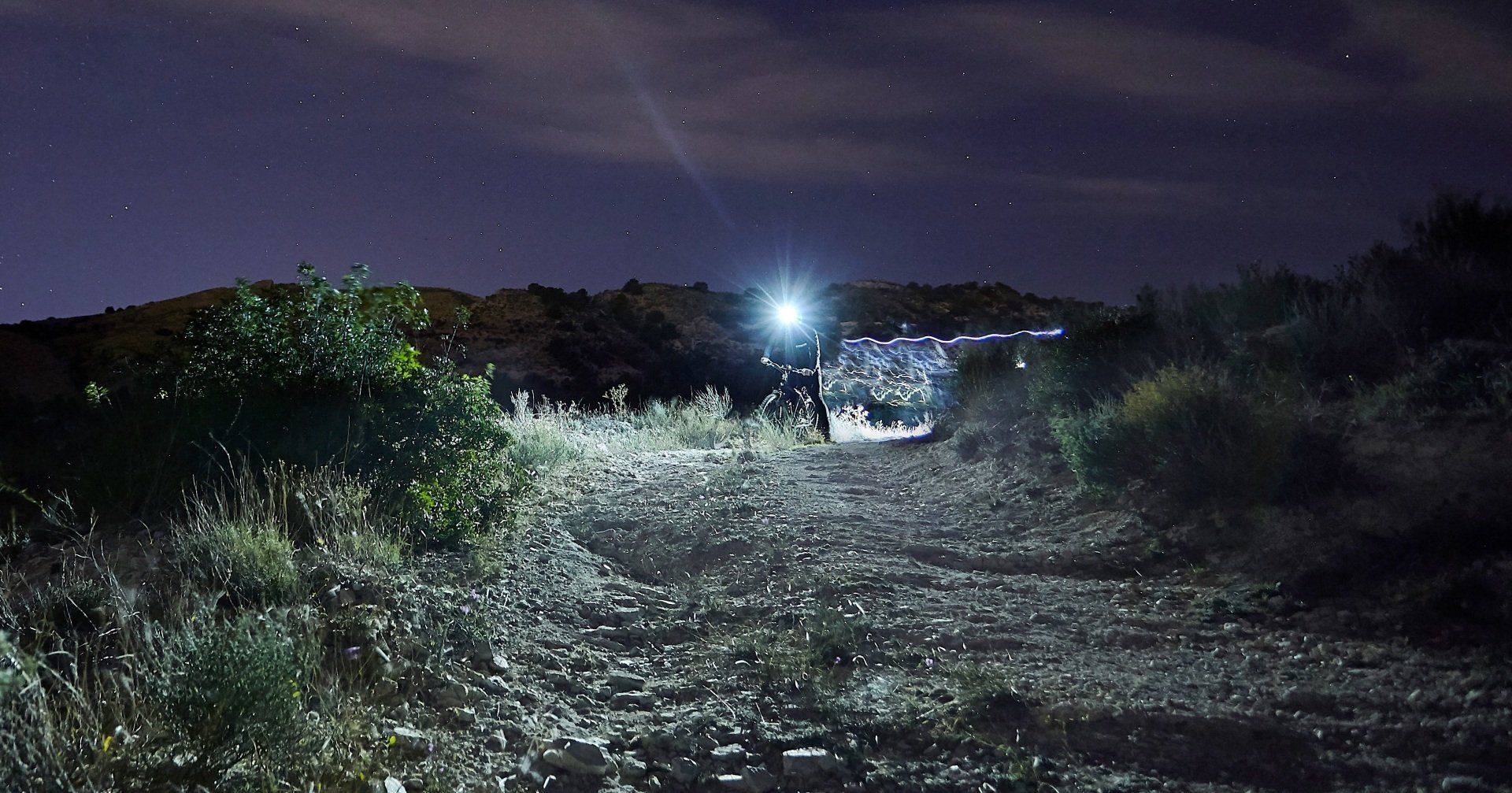Magicshine LED Stirnlampe Allty 600 mit Fahrradfahrer auf Wiese vor Wald und starkem LED Lichtkegel