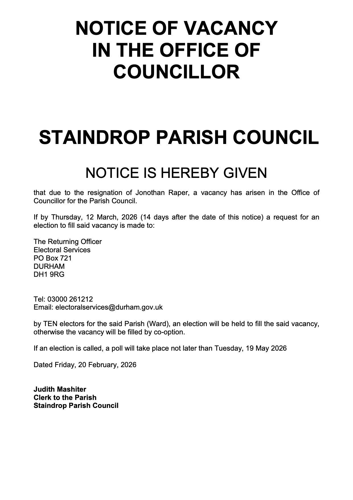 Notice of Vacancy, 20 February 2026