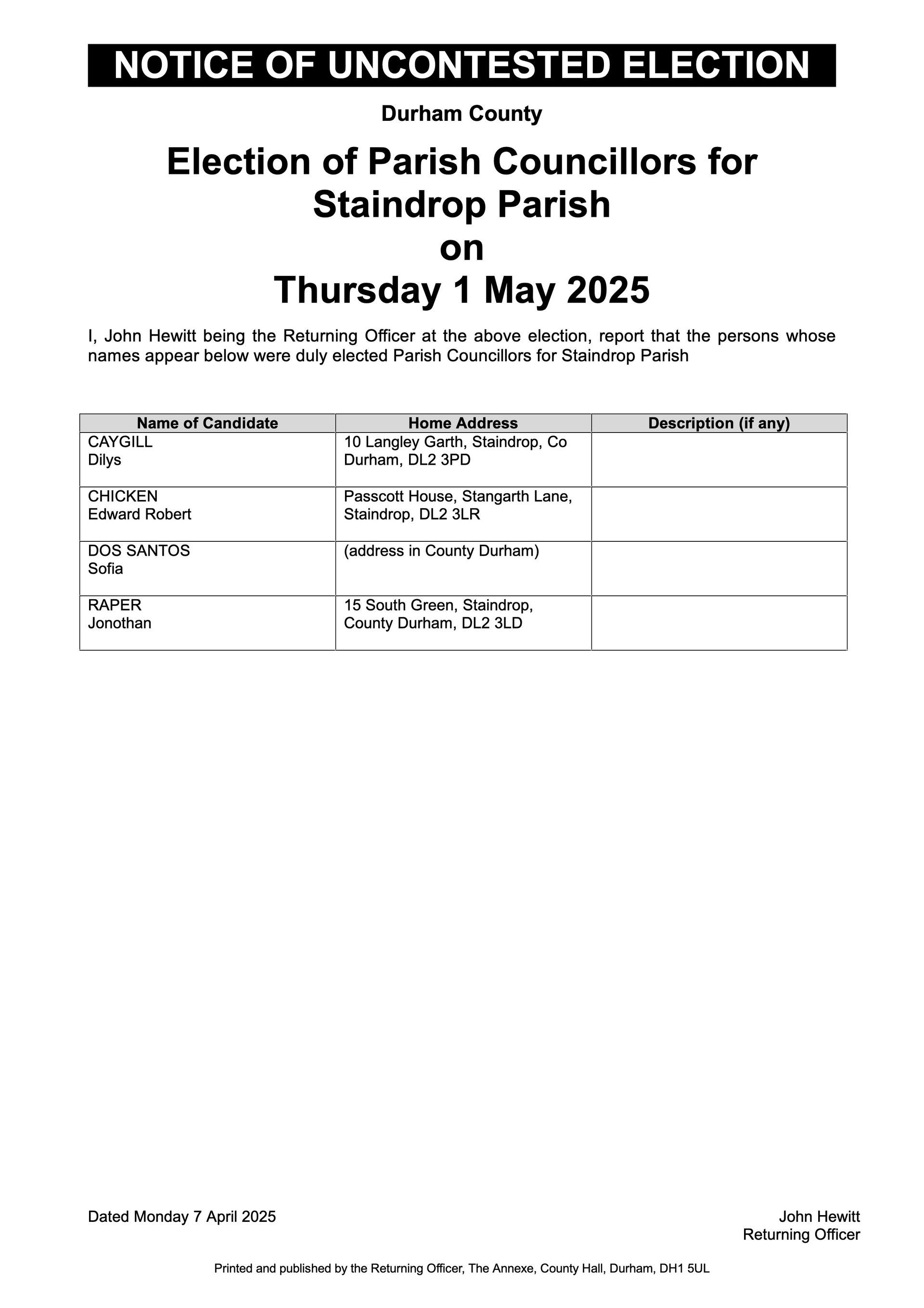 Notice of Uncontested Election on 1 May 2025