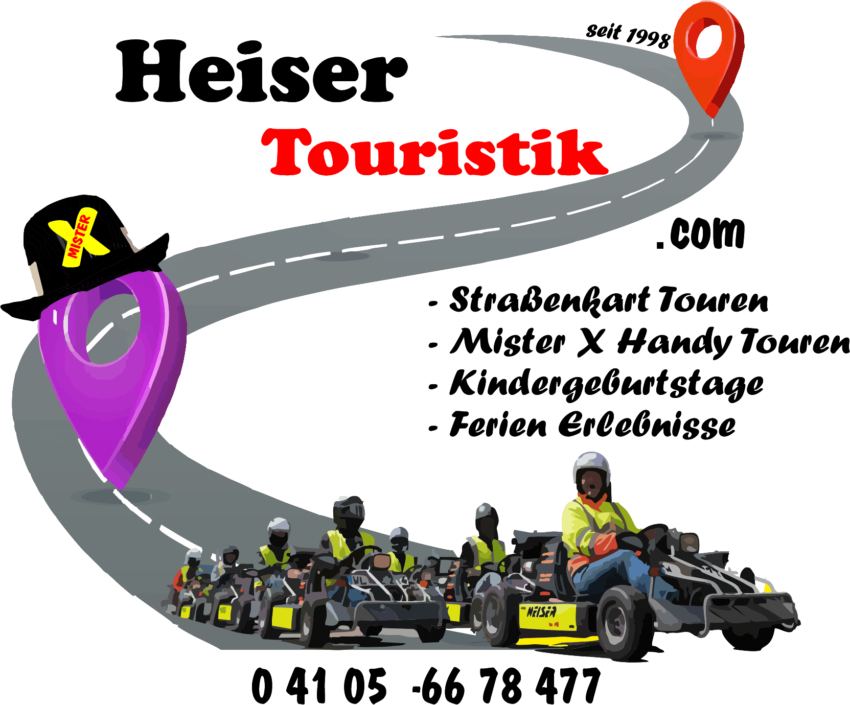 Heiser Touristik Logo mit Elbphilharmonie im Hintergrund und Kartfahren hamburg und Mister X