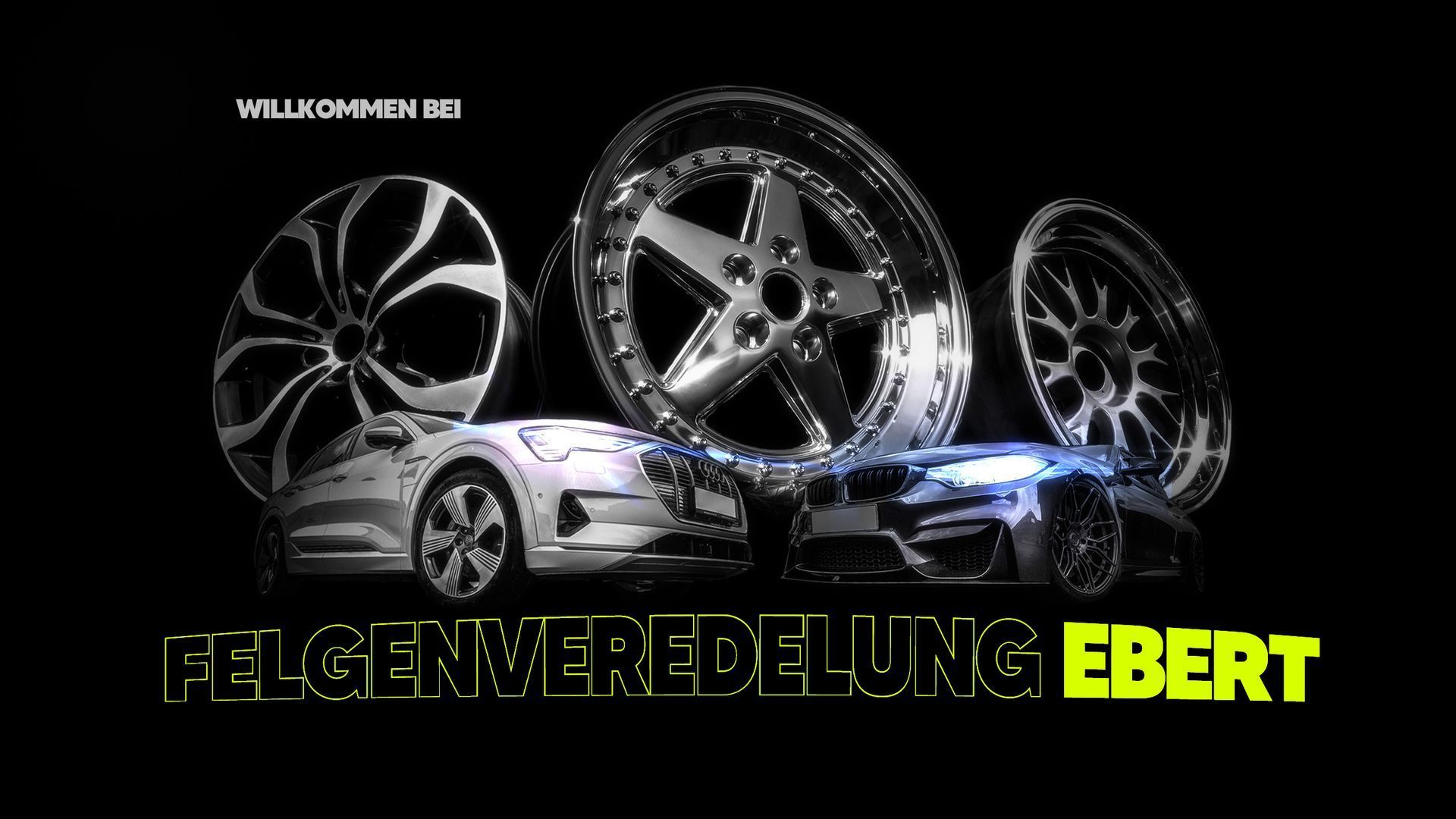 Drei Felgen hinter einem Audi und einem BMW