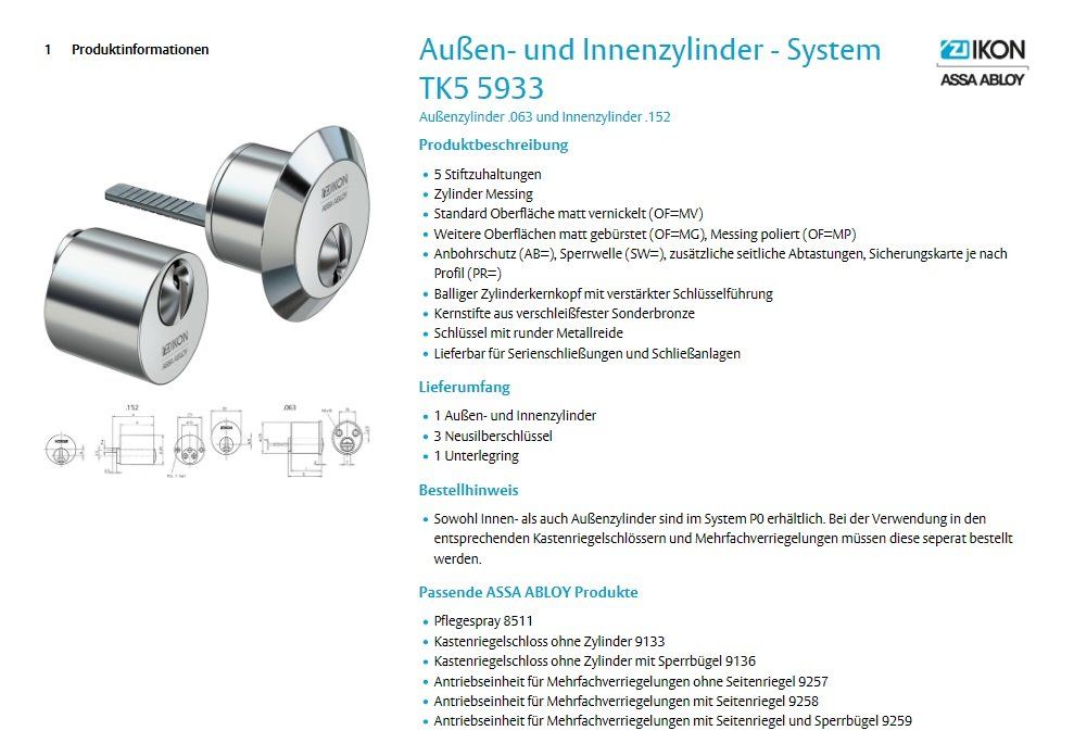 Außen- und Innenzylinder - System TK5 5933