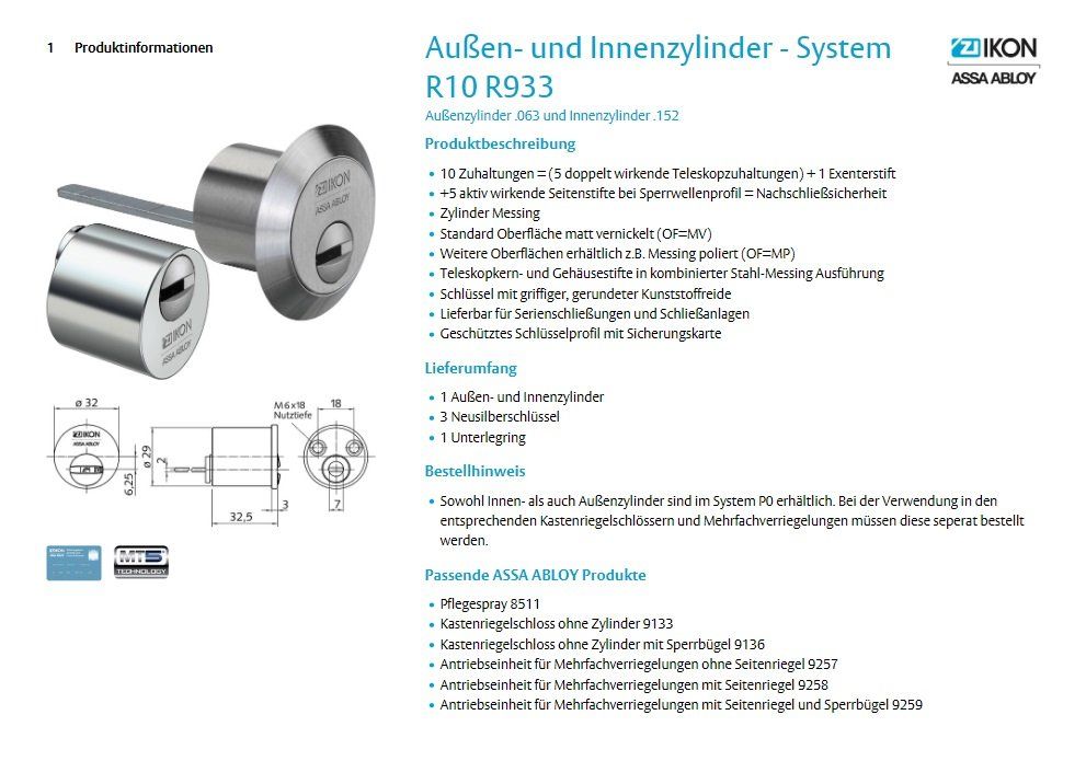 IKON Außen- und Innenzylinder - System R10 R933