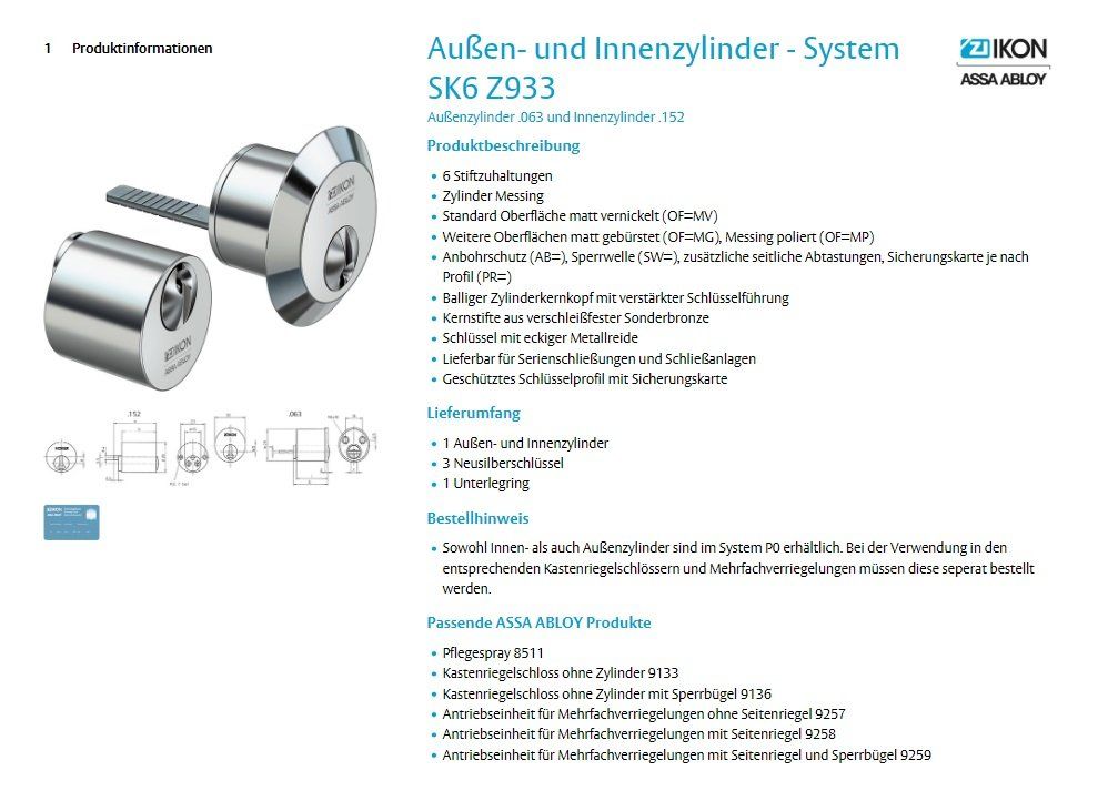 IKON Außen- und Innenzylinder - System SK6 Z933