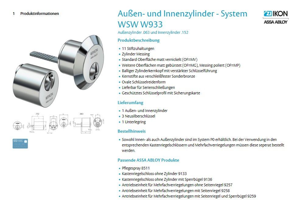 IKON Außen- und Innenzylinder - System WSW W933