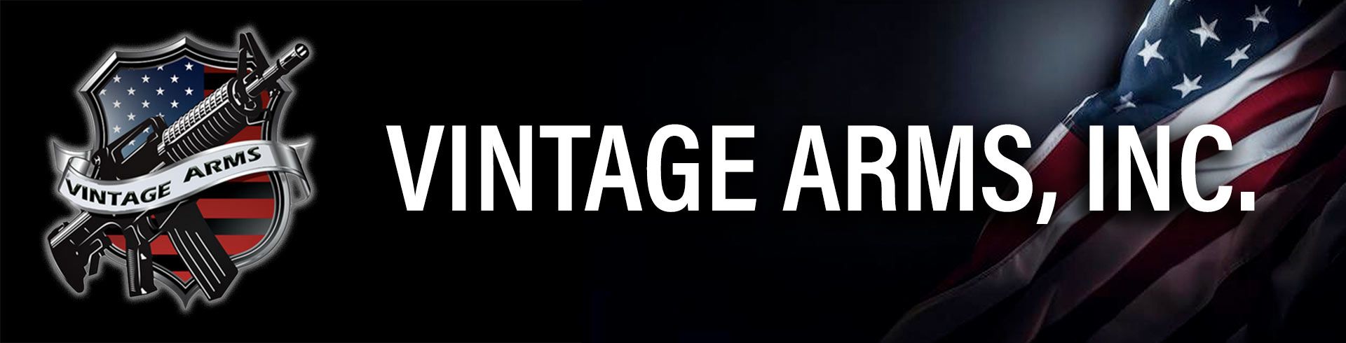 Header banner for Vintage Arms website showcasing american flag with Vintage Arms logo prominently displayed.