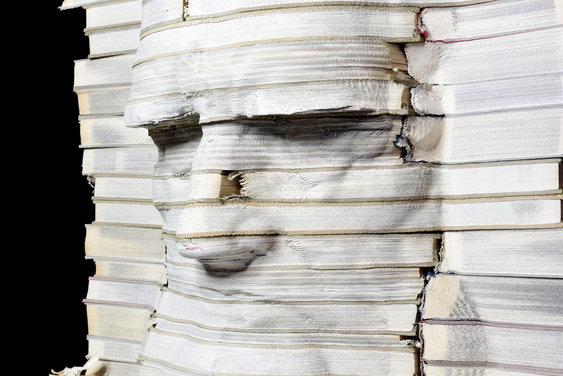 La biblioteca di Leonardo, scultura di libri, di Eleonora Francioni e Antonio Mastromarino, scultori a Pietrasanta, opera dedicata a Leonardo Da Vinci