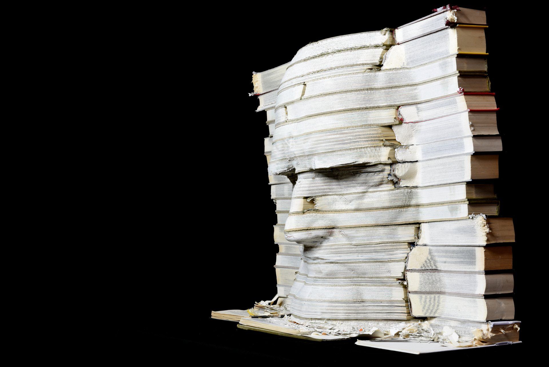 La Biblioteca di Leonardo, scultura di Eleonora Francioni e Antonio Mastromarino, scultori a Pietrasanta. Opera realizzata con libri raffigurante Leonardo Da Vinci