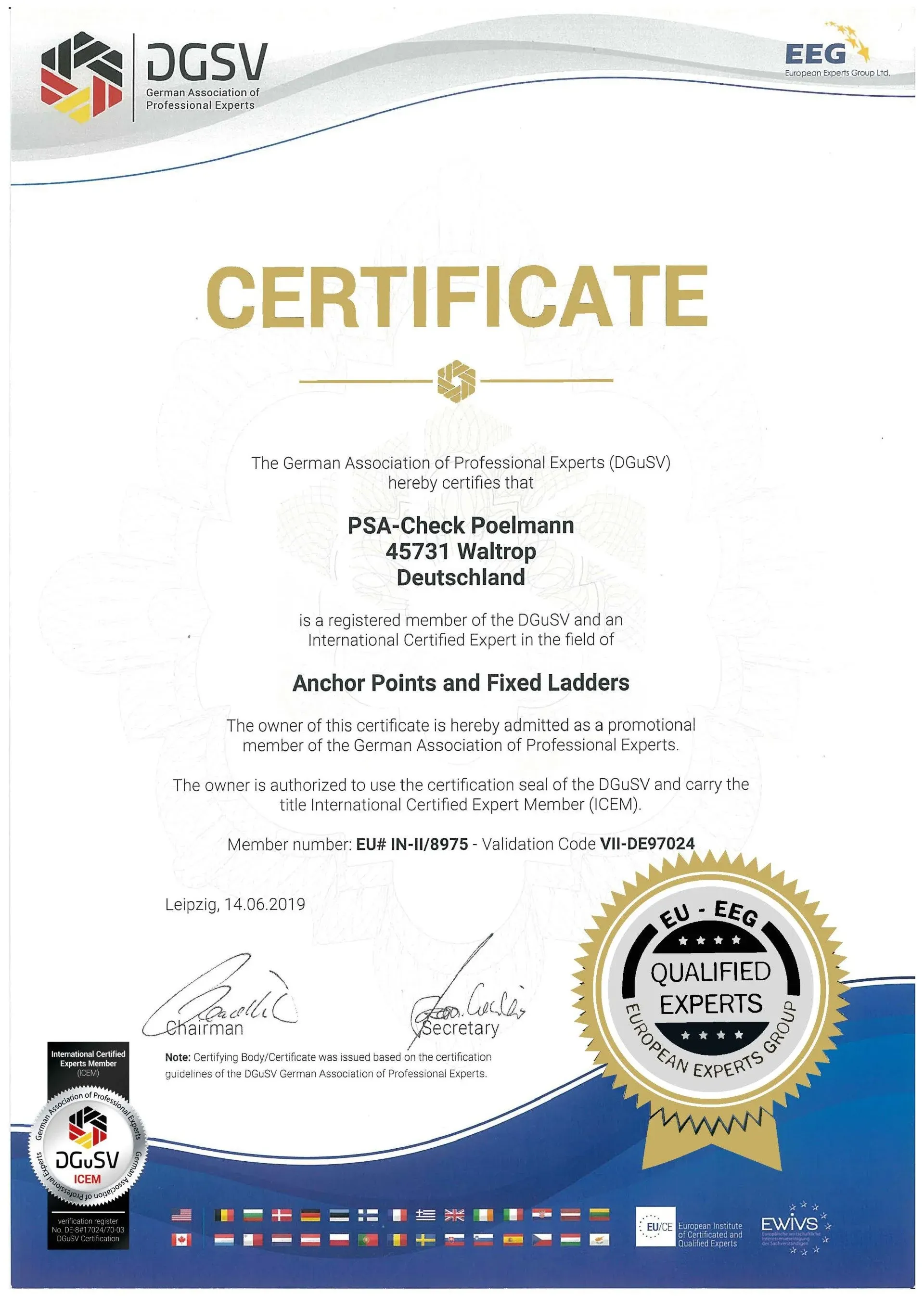 Certificate PSA Check Poelmann testing Anchor Points and Fixed Ladders International Certificate PSA Check Poelmann testing Anchor Points and Fixed Ladders