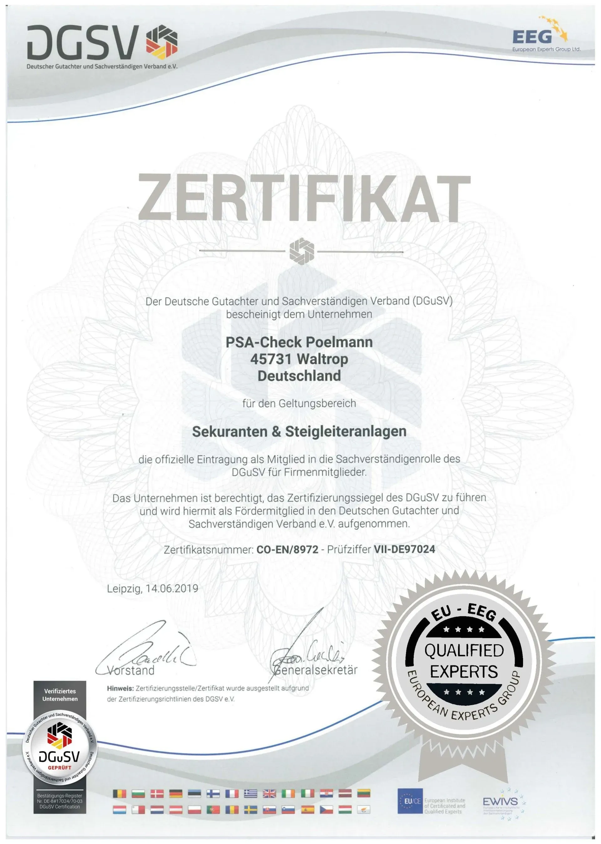 PPE Check Poelmann certificate - certified company Testing of securants and fixed ladder systems Certificate of testing of securants and attachment points PPE Check Poelmann