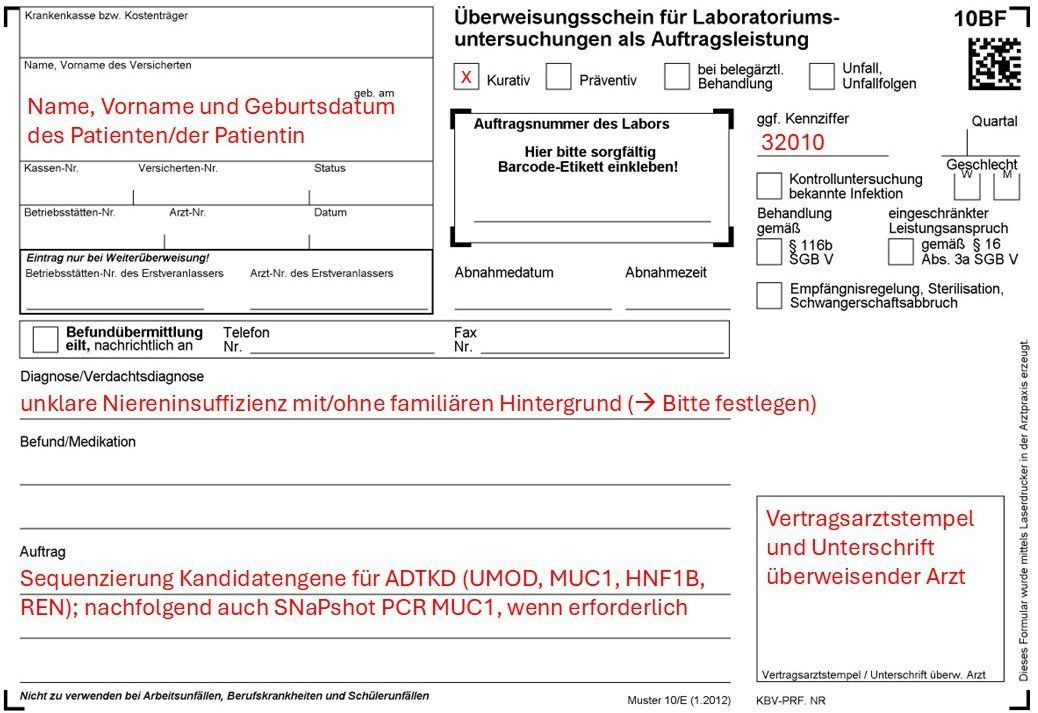 Überweisungsschein für genetische Diagnsotik bei Verdacht auf ADTKD