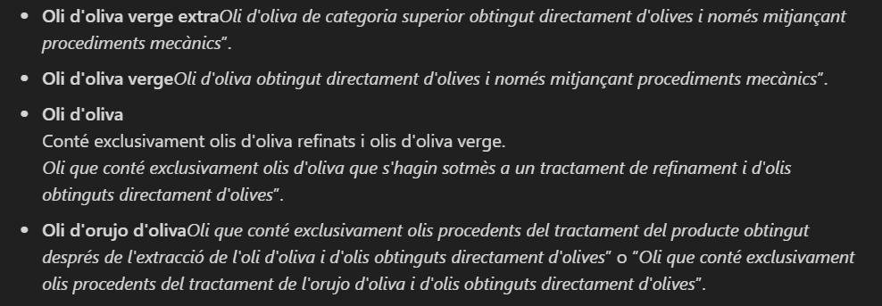 Denominacions de l'oli d'oliva acompanyades del seu text descriptiu