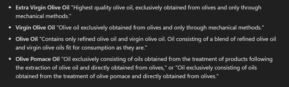 Olive oil denominations accompanied by their descriptive text