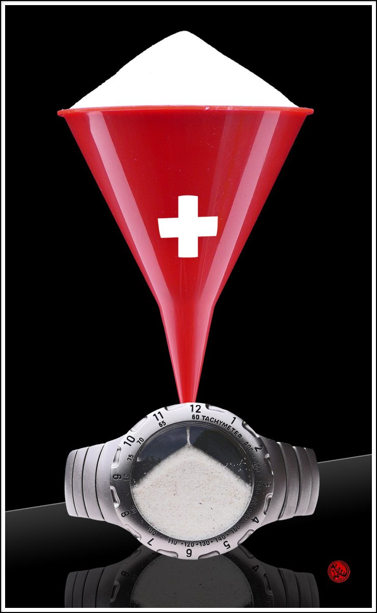 Herrenarmbanduhr weißes Kreuz auf rotem Plastiktrichter weißer Sand