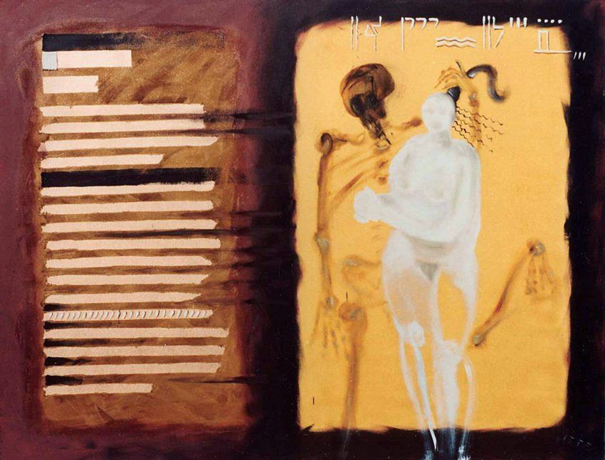 nackte Frau neben Skelett