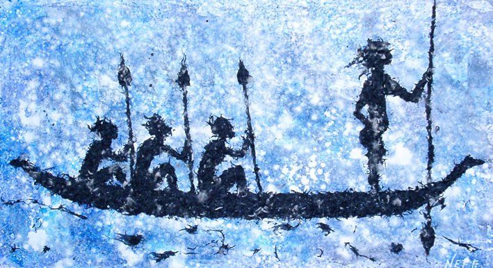 vier Männer in einem Kanu