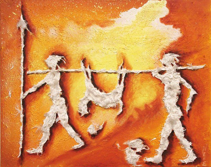 Zwei Jäger tragen erlegtes Wild an einer Stange