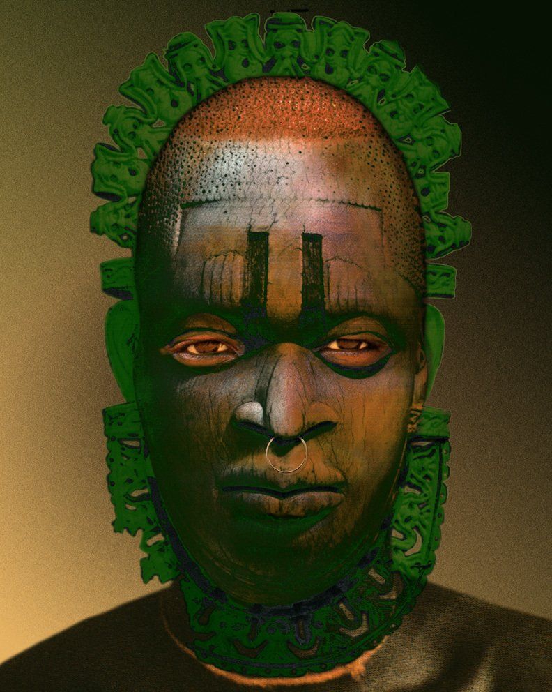 Porträt eines Farbigen mit Nasenring und Kopfschmuck