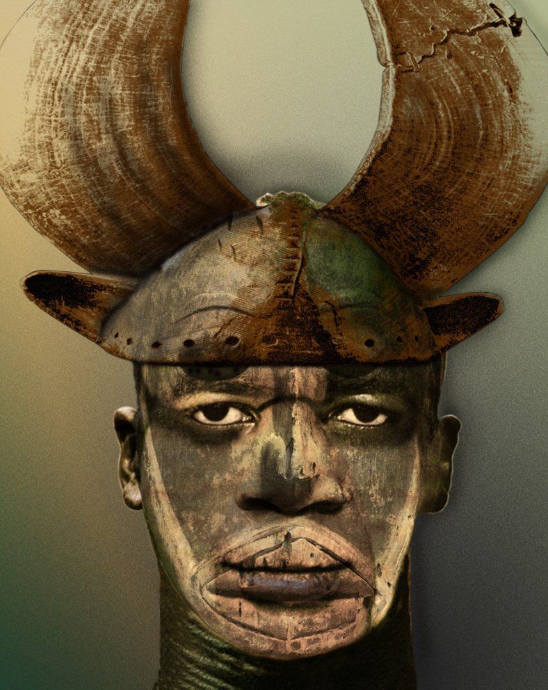 Männerkopf mit Helm und Maske