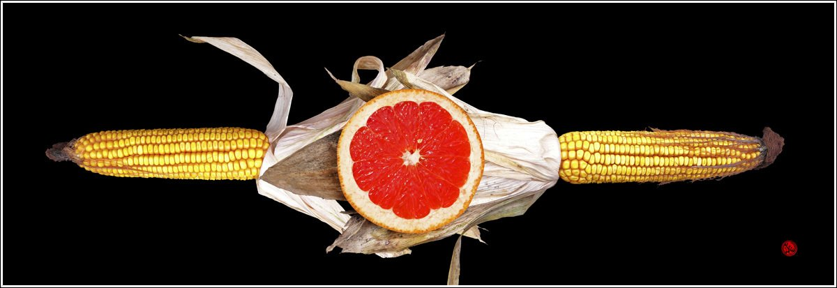 Maiskolben und  Blutorange