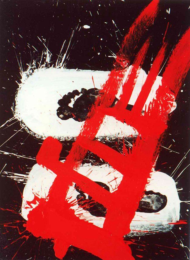 Fußabdrücke, rote Schriftzeichen