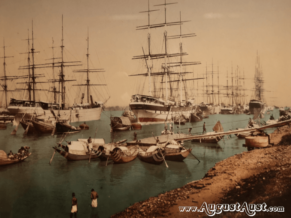 Postkarte mit Segelschiff in Kalkutta. Foto: August Aust Postkarte mit Segelschiff in Kalkutta. Foto: August Aust