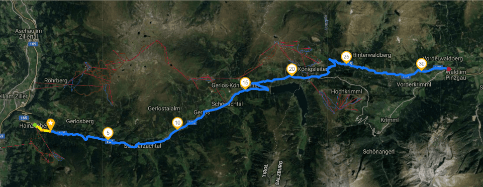 1000 km zu Fuß - 14. Tag, Tirol. Tagesroute, von Hainzenberg nach Wald im Pinzgau 1000 km zu Fuß - 14. Tag, Tirol. Von Hainzenberg nach Wald im Pinzgau