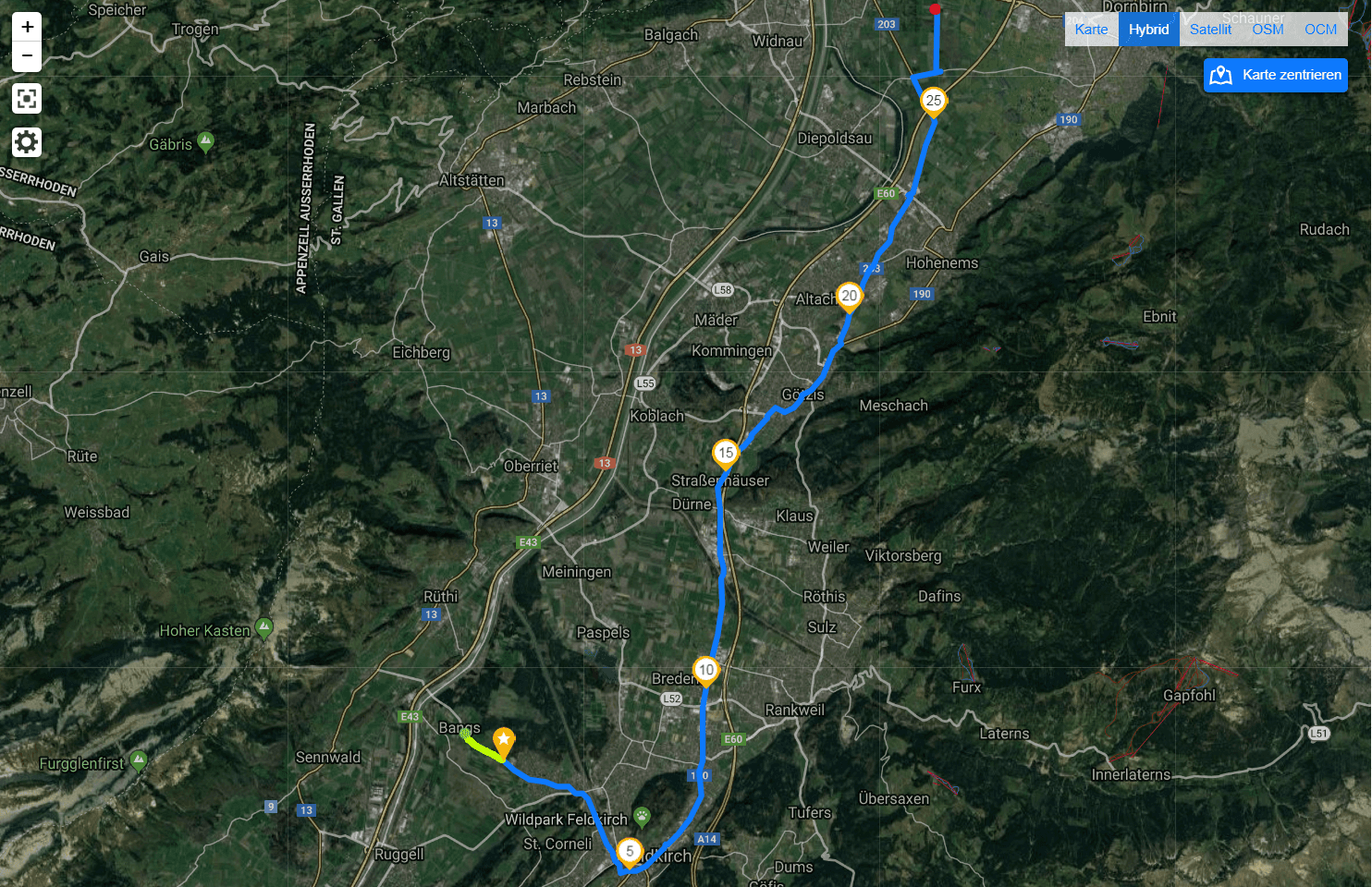 1000 km zu Fuß - 1. Tag,  von Bangs nach Hohenems. 1000 km zu Fuß - 1. Tag,  von Bangs nach Hohenems.