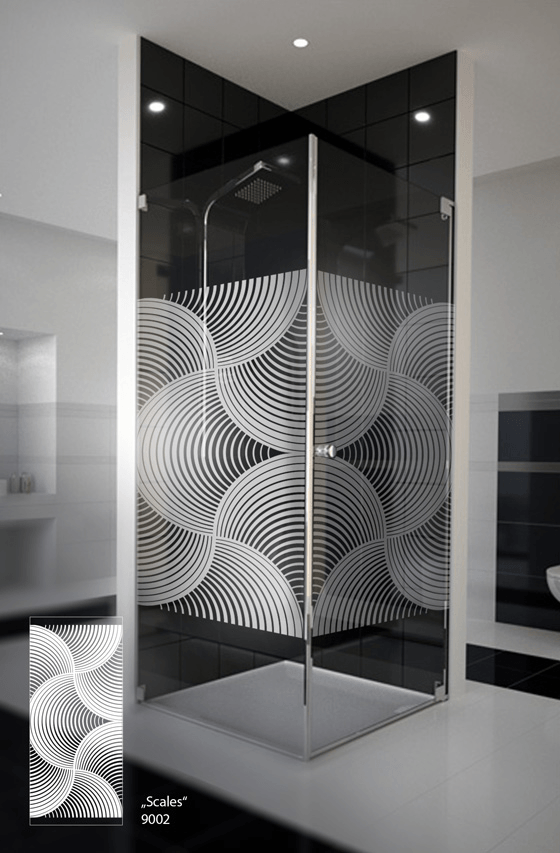 Mit einem sandgestrahlten Motiv auf Glas gestalten Sie Ihre Glas Duschtür ganz individuell.