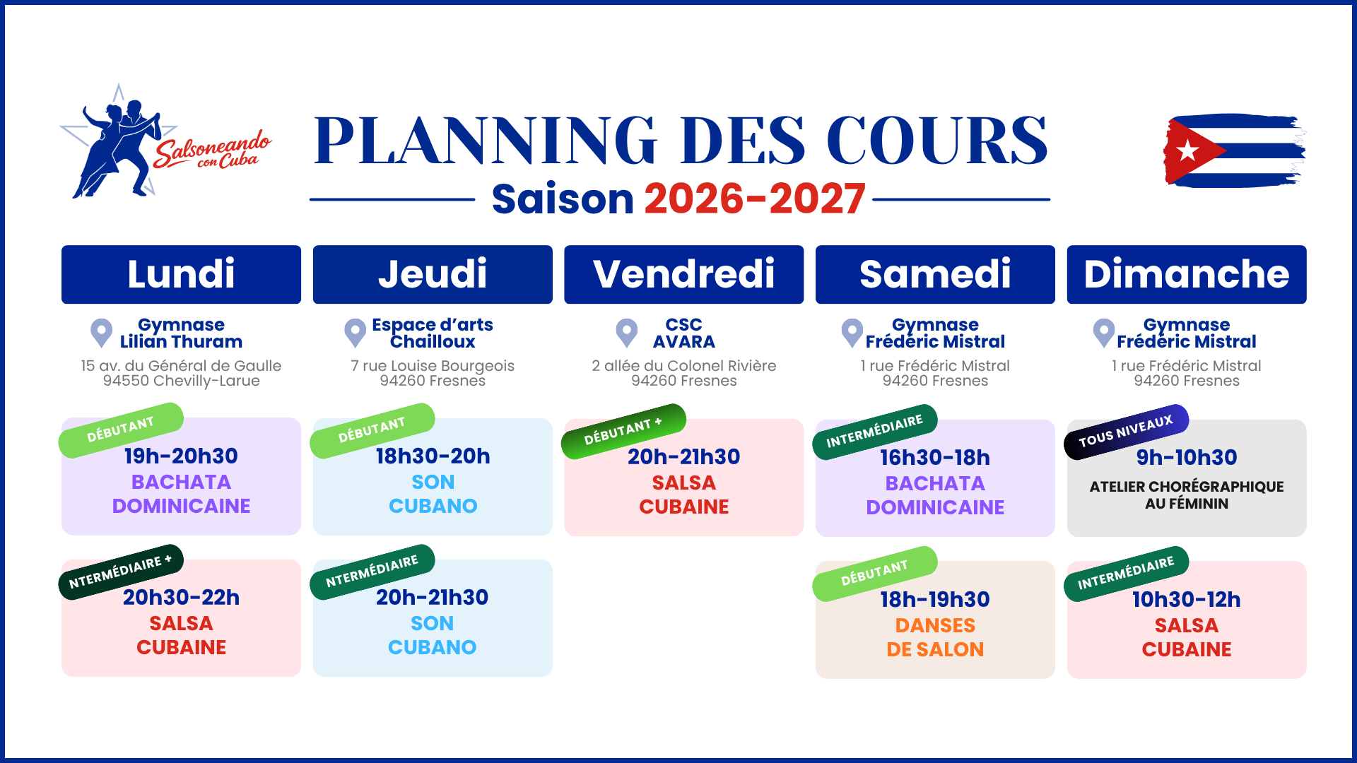 Planning des cours de danse cubaine et latine à Fresnes et Chevilly-Larue - Salsoneando con Cuba - Saison 2026-2027