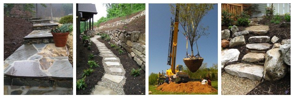 Landscaping Asheville, Landscape Services, Stone Stairway, Walking paths, large trees,