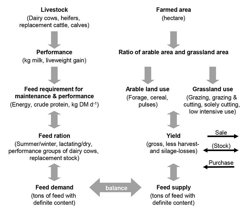 Figure of a model on how to analyse and plan a livestock dairy farm balancing feed volume and crop acreage investment management