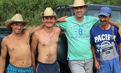 Foto von vier rumänischen Cowboys als Leiter und Herdenmanager mit Hut als Team der Sommerweide für die Mutterkühe und Fleischrinder des Landeigentümer in Osteuropa