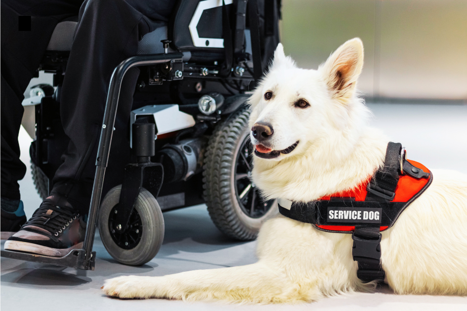 Service dog with owner in a wheelchair