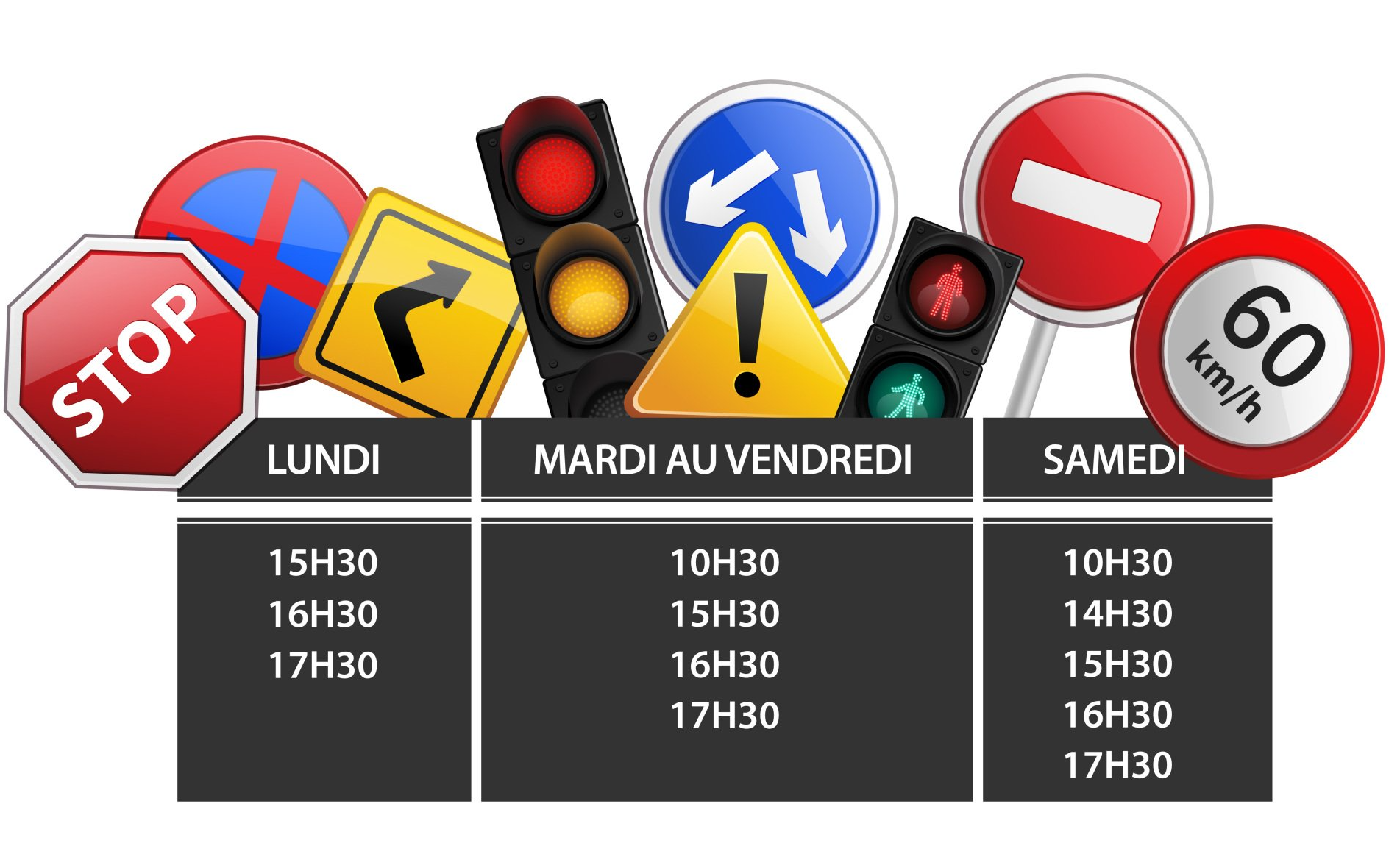 image de panneaux de signalisation avec les horaires des sessions de code