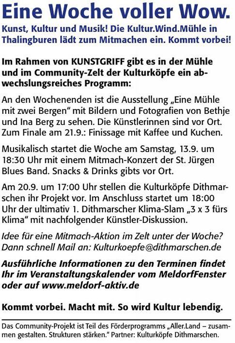 Info zur Kulturwoche in der Kultur.Wind.Mühle Juliane Info zur Kulturwoche in der Kultur.Wind.Mühle Juliane