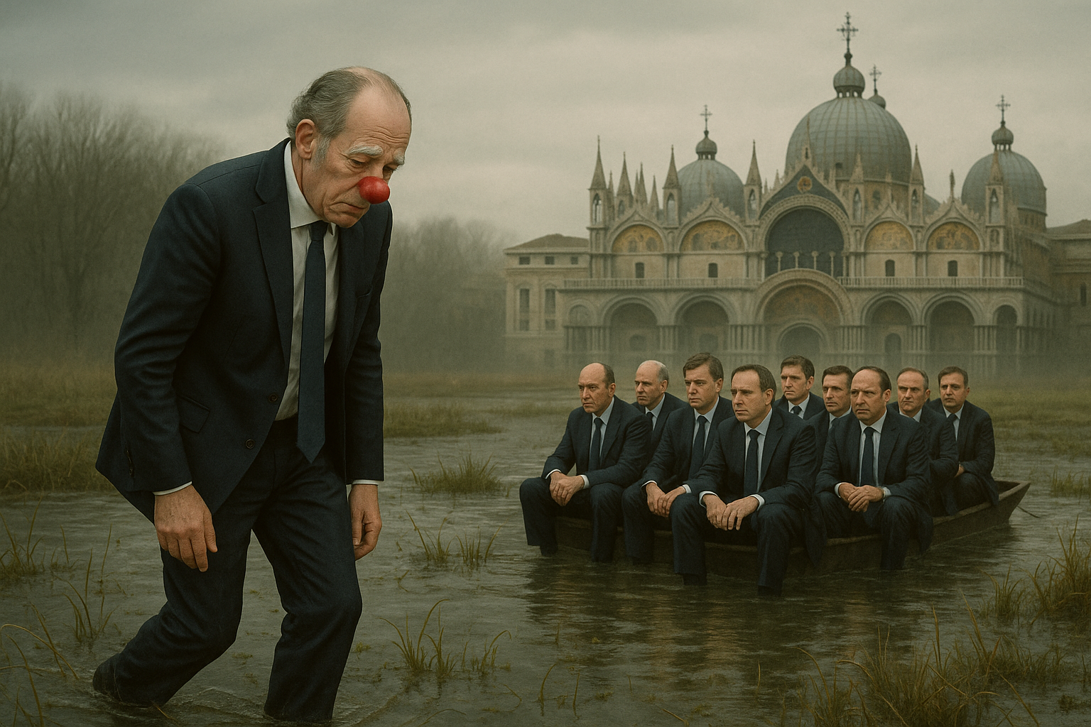 caricatura di Luca Zaia con naso da pagliaccio, triste, che si piega al volere del governo