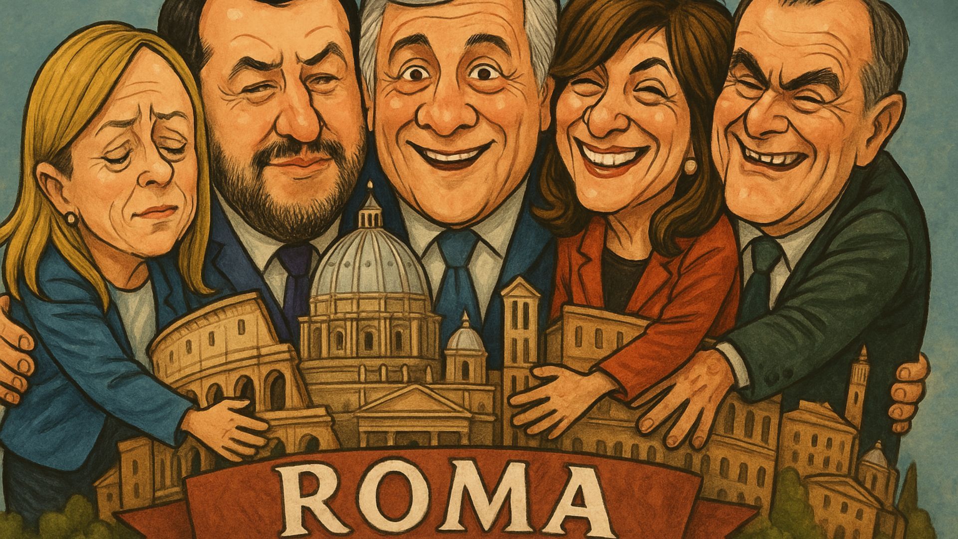 caricatura politici centrodestra 2025 che abbracciano Roma