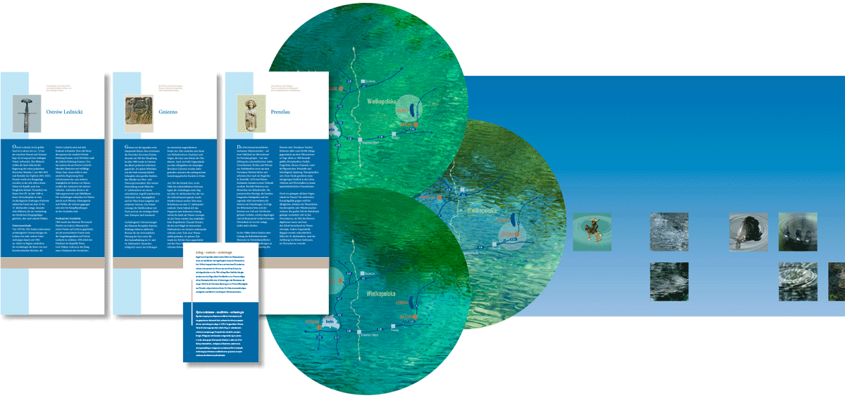 Ausstellungstafeln, Fußbodenillustrationen, Objektschilder zweisprachig für die Wanderausstellung »Vom Wasser bewahrt« Ausstellungstafeln, Fußbodenillustrationen, Objektschilder zweisprachig für die Wanderausstellung »Vom Wasser bewahrt«, Stationen in Potsdam, Prenzlau, Gniezno
