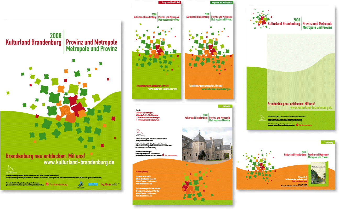 Elemente aus dem Corporate Design für das Themenjahr »Provinz und Metropole - Metropole und Provinz« für Kulturland Brandenburg e.V., 2008