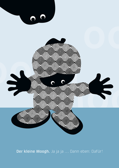Postkarte als Einzelstück oder im Geschenkset mit 10 Motiven in edler  Passepartoutverpackung aus weißem Feinkarton Der kleine Moogh und seine Überlegungen. Dann eben Dafür!