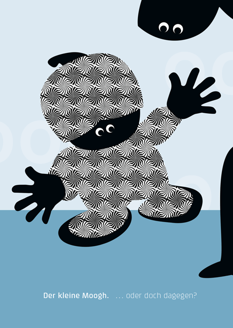 Postkarte als Einzelstück oder im Geschenkset mit 10 Motiven in edler Passepartoutverpackung aus weißem Feinkarton Der kleine Moogh und seine Überlegungen. Oder doch dagegen?