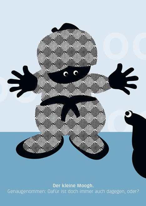 Postkarte als Einzelstück oder im Geschenkset mit 10 Motiven in edler  Passepartoutverpackung aus weißem Feinkarton Der kleine Moogh und seine Überlegungen. Genaugenommen: Dafür ist doch immer auch dagegen, oder?