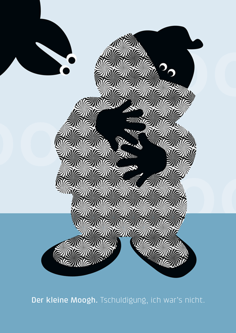 Postkarte als Einzelstück oder im Geschenkset mit 10 Motiven in edler  Passepartoutverpackung aus weißem Feinkarton Der kleine Moogh und seine Überlegungen. Tschuldigung. Ich wars nicht.