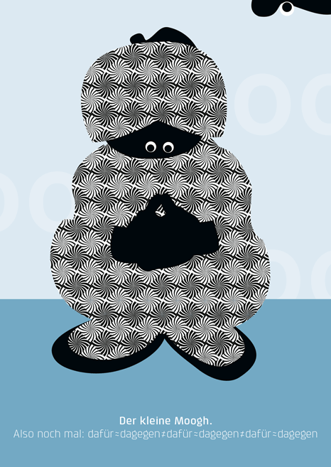 Postkarte als Einzelstück oder im Geschenkset mit 10 Motiven in edler  Passepartoutverpackung aus weißem Feinkarton Der kleine Moogh und seine Überlegungen. Also nochmal: dafür:dagegen:dafür:dagegen:dafür:dagegen