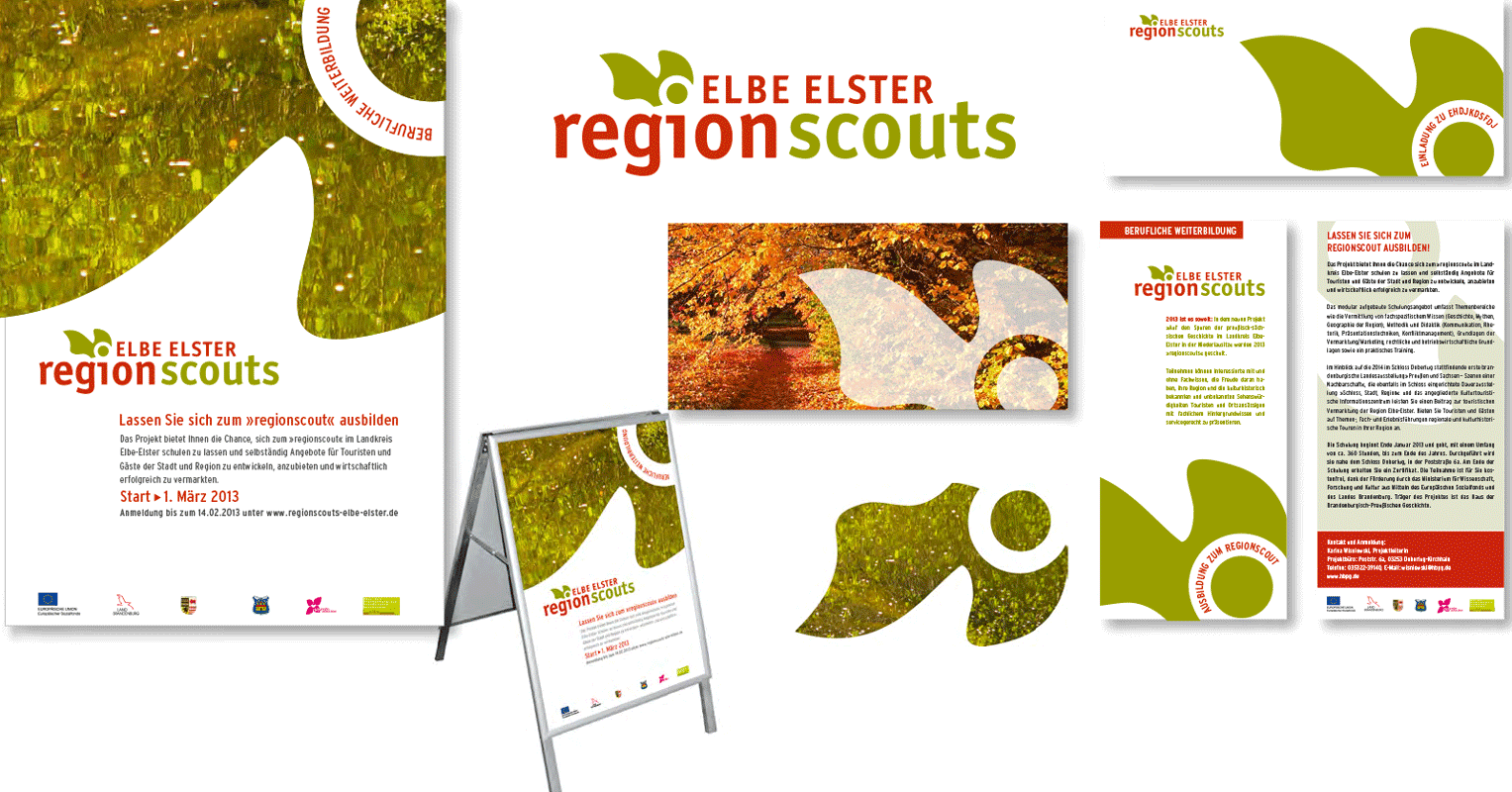 Diverse Elemente aus dem Corporate Design für das touristische Weiterbildungsprojekt »regionscouts« im Landkreis Elbe-Elster, 2013