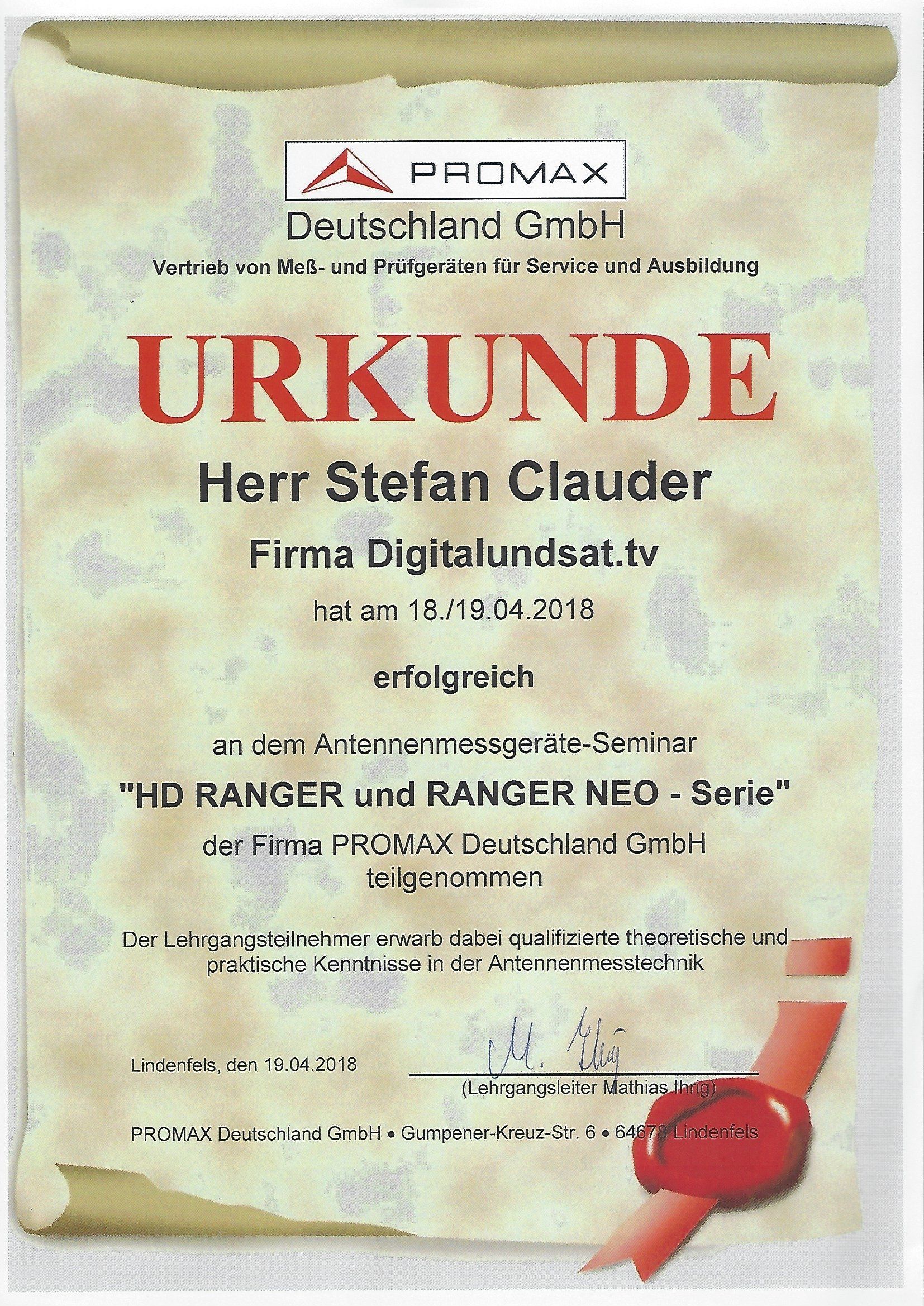 Antennenmessgeräte Seminar Urkunde Promax Deutschland