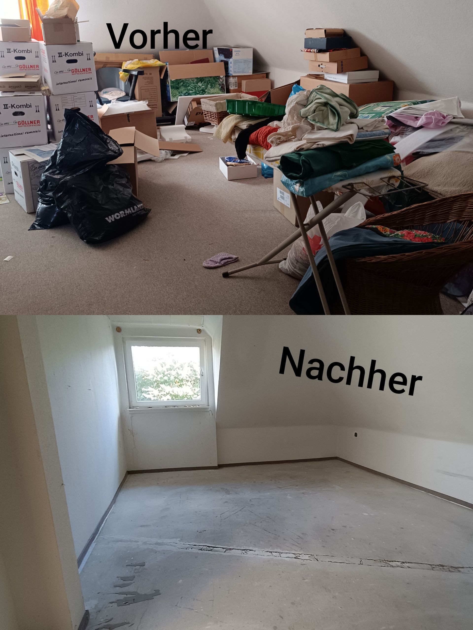 Vorher/Nachher: Dachgeschoss-Zimmer eines Bungalows in Minden entrümpelt und aufgeräumt