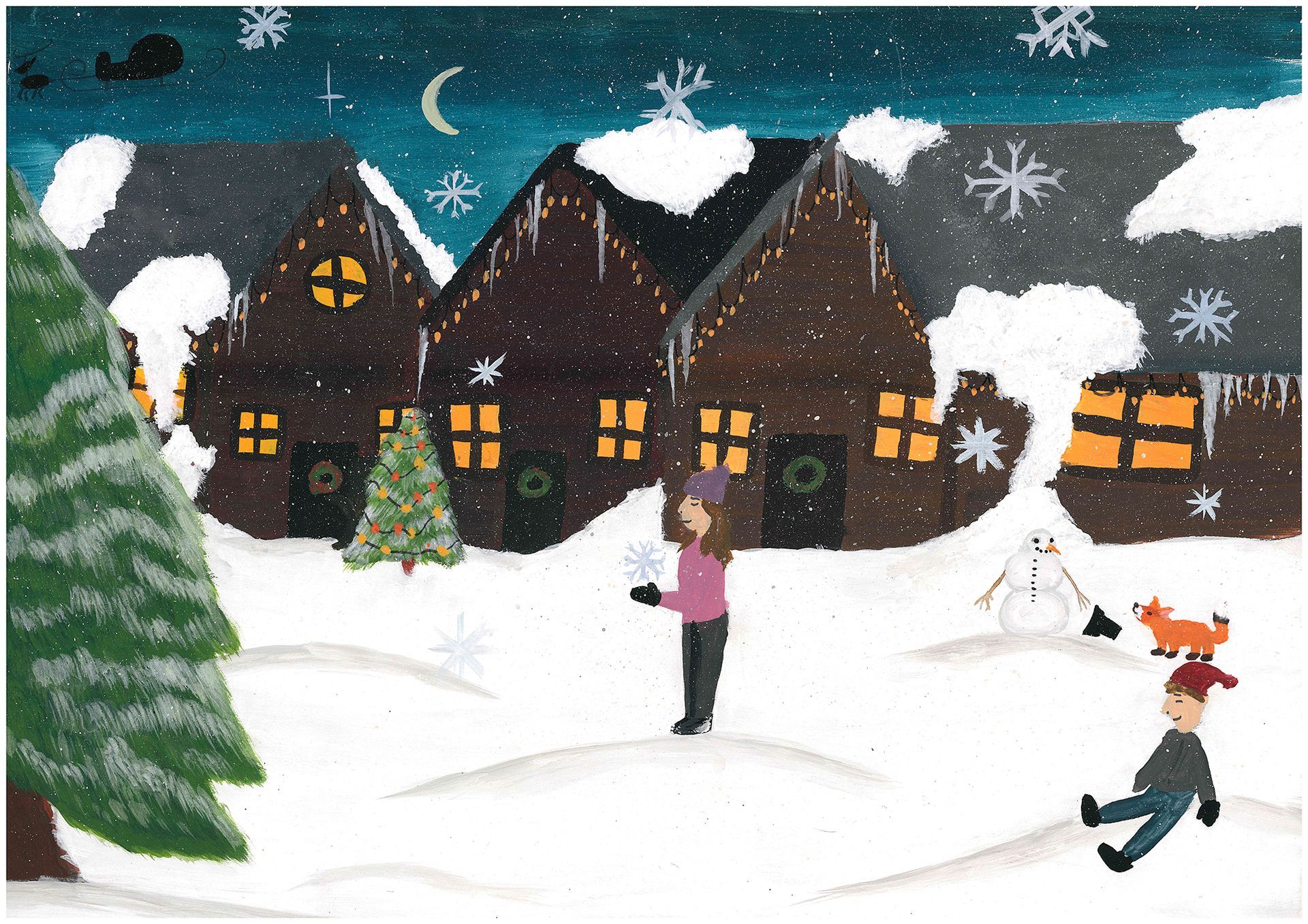 Titelmotiv Adventskalender 2025: Kinder, die vor beleuchteten Häusern im Schnee spielen